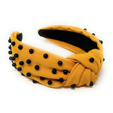 Load image into Gallery viewer, headbands for women, black yellow headband, handmade headbands, black yellow top knotted headband, Pittsburgh knotted headband, Michigan Headband, embellished headband, Yellow pearl headband, black yellow headband, football headband, jeweled headband, knotted jeweled headband, warriors football headband, Panthers knot headband, Steelers knot headband, pearly headbands, Steelers headband, game day hair accessories, game day headband, football headbands, steelers colors, best selling items
