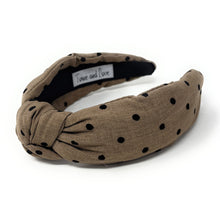 Load image into Gallery viewer, Tan headband with black polka dots on a white background