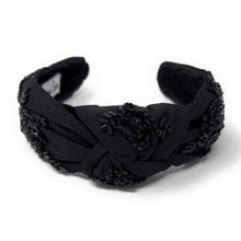 Load image into Gallery viewer, headband for women, black roses Knot headband, Kentucky Derby lover headband, Derby knotted headband, Kentucky Derby top knot headband, Garland of Roses top knotted headband, black knotted headband, Dia de los muertos hair band, beaded Roses knot headband, black Roses headband, statement headbands, top knotted headband, knotted headband, Kentucky lover gifts, Black rose embellished headband, luxury headband, roses fan gifts, jeweled knot headband, knot embellished headband

