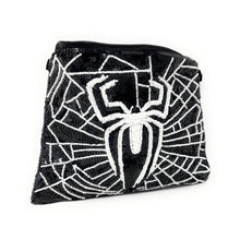 Load image into Gallery viewer, Black pouch with white spider design on a white background