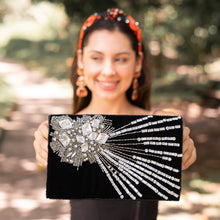 Load image into Gallery viewer, velour clutch purse, beaded bag, birthday gift for her, velvet purse, Black beaded bag, black velvet clutch, black velour bag, clutch bag, engagement gift, bridal gift to bride, bridal gift, gifts to bride, wedding gift, bride gifts, cross body purse, bride to be gift, bachelorette gifts, evening clutches, evening bags, cocktail purse, luxurious bags, best selling items, party bag, boho clutch, bridesmaid gift, velvet beaded clutch, velvet clutch, velvet purse, holiday bags, evening clutches, evening bags. 