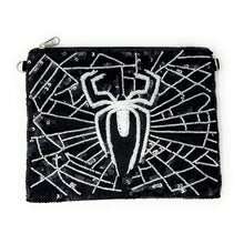 Load image into Gallery viewer, Black sequin pouch with a silver spider and web design. The intricate pattern adds a sleek, modern look, creating a stylish and bold feel.