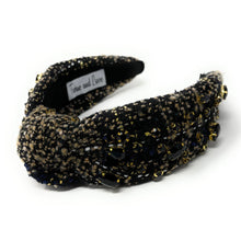 Load image into Gallery viewer, headbands for women, Wide headband, handmade headbands, black top knotted headband, knotted headband, black tweed jeweled headband, embellished headband, tweed headband, gemstone headband for women, luxury headband, tweed knot headband for women, knotted jeweled headband, bling headband, embellished knot headband, luxury knot headband, plaid tweed headband, tweed knotted headband, fall hair accessories, black tweed Christmas Headband, winter headbands, black jeweled headband, tweed plaid headband, tweed acc