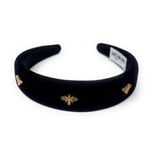 Load image into Gallery viewer, Black headband with gold bee embellishments on a white background