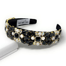Load image into Gallery viewer, Elegant black headband adorned with clusters of white pearls and black crystals, creating a luxurious and sophisticated look.