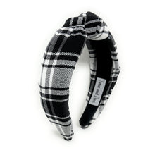 Load image into Gallery viewer, holiday Headband, holiday Knotted Headband, black plaid Knotted Headband, gray Plaid Hair Accessories, Plaid Headband, Best Seller, headbands for women, best selling items, knotted headband, hairbands for women, black plaid gifts, black white knot Headband, School hair accessories, school plaid headband, Plaid uniform headband, Statement headband, school uniform, school uniform knot headband, black Knotted headband, plaid headband, School Knot headband, plaid knot headband