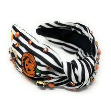 Load image into Gallery viewer, Halloween Jeweled Headband, Halloween Knotted Headband, black white Knotted Headband, Halloween Hair Accessories, striped black white Headband, Best Seller, headbands for women, best selling items, knotted headband, hairbands for women, Halloween gifts, halloween knot Headband, Halloween accessories, custom headband, Halloween headband, Statement headband, Halloween gifts, jeweled knot headband, Pumpkins headband, halloween Embellished headband, candy corn headband