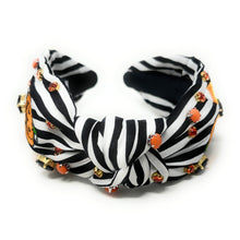 Load image into Gallery viewer, Halloween Jeweled Headband, Halloween Knotted Headband, black white Knotted Headband, Halloween Hair Accessories, striped black white Headband, Best Seller, headbands for women, best selling items, knotted headband, hairbands for women, Halloween gifts, halloween knot Headband, Halloween accessories, custom headband, Halloween headband, Statement headband, Halloween gifts, jeweled knot headband, Pumpkins headband, halloween Embellished headband, candy corn headband