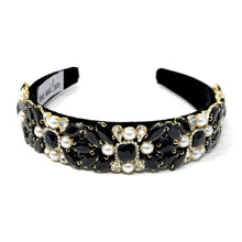 Load image into Gallery viewer, Elegant black headband adorned with clusters of white pearls and black crystals, creating a luxurious and sophisticated look.
