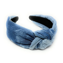 Load image into Gallery viewer, headband for women, denim knot headband, headbands for women, stylish headbands, bleach blue denim headband, top knot headband, denim top knot headband, blue denim headband, blue bleach denim hairband, trendy headbands, handmade headbands, top knotted headband, knotted headband, trendy headband, fashion headbands, dark denim headband, blue striped headband, bleach blue headband for women, denim headband for women, denim headband, best selling items, summer headband
