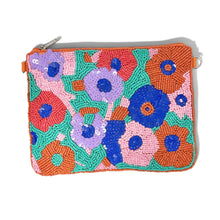 Load image into Gallery viewer, Colorful hand-beaded pouch featuring a vibrant floral pattern in coral, pink, lavender, turquoise, and royal blue.