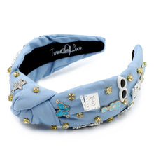 Load image into Gallery viewer, headband for women, Taylor Swift Knot headband, Blue knot headband, Eras knot headband, top knot headband, pop star headband, 1989 Taylor handmade gift, 1989, best gifts for her, New York 1989 hair band, Taylor Fan knot headband, Eras gifts, tween girl gifs, custom era headband, bejeweled handmade gifts, top knotted headband, bejeweled knotted headband, Taylor swift Swiftie headbands, eras concert, 1989 album concert headband, eras embellished headband, best selling items, luxury headband, custom headband