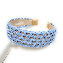Load image into Gallery viewer, Light blue woven headband featuring an open lattice design with a padded neutral lining and lightweight construction.