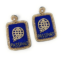 Load image into Gallery viewer, Blue beaded passport earrings with gold detailing and embroidered text