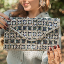 Load image into Gallery viewer, Boho beaded clutch purse, seed bead purse, beaded bag, blue silver color handbag, beaded bag, navy blue color clutch, birthday gift for her, Fall clutch bag, seed bead purse, engagement gift, party clutches, bridal gift, navy blue elegant purse, gifts to bride, gifts for bride, wedding gift, evening bags, Winter beaded clutch purse, birthday gift for her, navy blue silver beaded clutch, seed bead purse, beaded bag, silver bag, boho purse, sequin silver beaded clutch purse, unique bags, best selling items, h