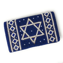 Load image into Gallery viewer, Twine and Love navy blue hand beaded Star of David clutch with pearl and gold embellishments.