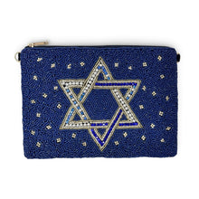 Load image into Gallery viewer, Hand-beaded navy blue Star of David pouch with gold detailing, sparkling rhinestones, zipper closure and detachable gold chain strap.