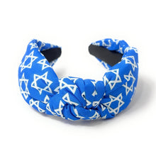 Load image into Gallery viewer, Blue Star of David patterned headband with a twisted knot detail.