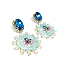 Load image into Gallery viewer, custom beaded Earrings, light blue jeweled Earrings, blue Beaded Earrings, boho earrings, blue jeweled earrings, handmade earrings, custom earrings, party accessories, fancy accessories, light blue embellished earrings, custom earrings, best friend gifts, birthday gifts, bohemian earrings, luxurious handmade accessories, night jewelry, Fancy earrings, boho earrings, beaded earrings, Fancy jeweled earrings, statement earrings, best selling items, statement earrings, handmade gifts, custom gifts for her

