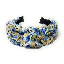 Load image into Gallery viewer, headbands for women, blue knot headband, handmade headbands, floral blue top knotted headband, blue knotted headband, hair band for women, embellished headband, floral headband, floral headband for women, summer headband, jeweled headband for women, knotted jeweled headband, wide floral headband, summer knot headband, blue floral headband, knotted headbands, yellow headband, game day hair accessories, game day headband, summer headbands, blue headband, best selling items
