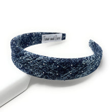 Load image into Gallery viewer, Dark blue denim headband with a textured pattern and rhinestones. The headband has a tag and lies on a white background.