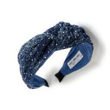 Load image into Gallery viewer, Blue denim headband with a knotted design, adorned with small rhinestones. The fabric texture adds a casual yet chic touch.