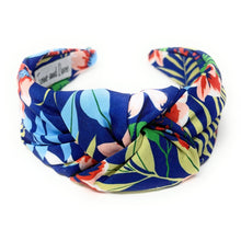 Load image into Gallery viewer, headbands for women, blue wide knot headband, handmade headbands, dark blue top knotted headband, blue knotted headband, hair band for women, embellished headband, floral headband, floral headband for women, summer headband, jeweled headband for women, knotted jeweled headband, wide floral headband, summer knot headband, wide headband, knotted headbands, yellow headband, game day hair accessories, game day headband, summer headbands, blue headband, best selling items