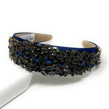 Load image into Gallery viewer, headband for women, fall headband, blue baroque headband, fall winter headband, navy blue headband, bridal headband, bridal accessories, blue luxurious hairband, luxurious hair band, unique embellished headband, unique headband, statement headband, custom bridal headband, blue color accessories, embellished headband, gemstone headband, luxury headband, embellished headband, bling headband, baroque embellished headband, custom headband, jeweled baroque headband, evening hair accessory