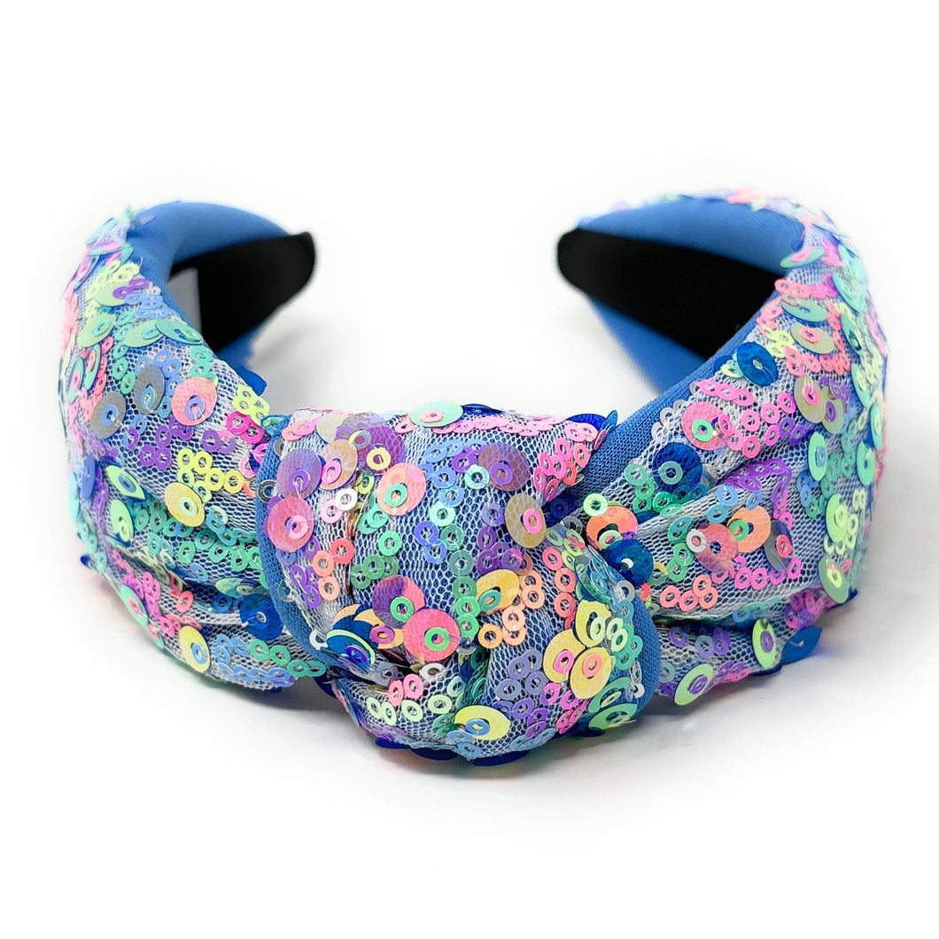 headband for women, summer Knot headband, blue headband, Summer knotted headband, Multicolor top knot headband, multi color top knotted headband, multicolor knotted headband, Bright knot headband, blue Sequin hair band, blue sequin knot headbands, blue knot headband, statement headbands, top knotted headband, knotted headband, Multicolor accessories, embellished headband, gemstone knot headband, luxury headband, embellished knot headband, multicolor knot headband, summer knot embellished headband