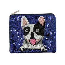 Load image into Gallery viewer, Blue sequin purse with a beaded French bulldog design. The dog has a playful expression and a light pink tongue, adding a fun, cheerful tone.