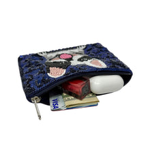Load image into Gallery viewer, Blue sequin purse with a beaded French bulldog design. The dog has a playful expression and a light pink tongue, adding a fun, cheerful tone.