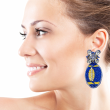 Load image into Gallery viewer, football Beaded Earrings, blue gold football Earrings, football Earrings, LA Rams football, football earrings, Gold and Blue football earrings, Blue Yellow football accessories, LA Rams football earrings, Los Angeles Rams earrings, Royal football earrings, football seed bead earrings, football accessories, Football women accessories, Game day earrings, Best selling items, birthday gifts, sport jewelry, sport bead earrings, football accessory, College gifts, Football gifts for her, gameday earrings
