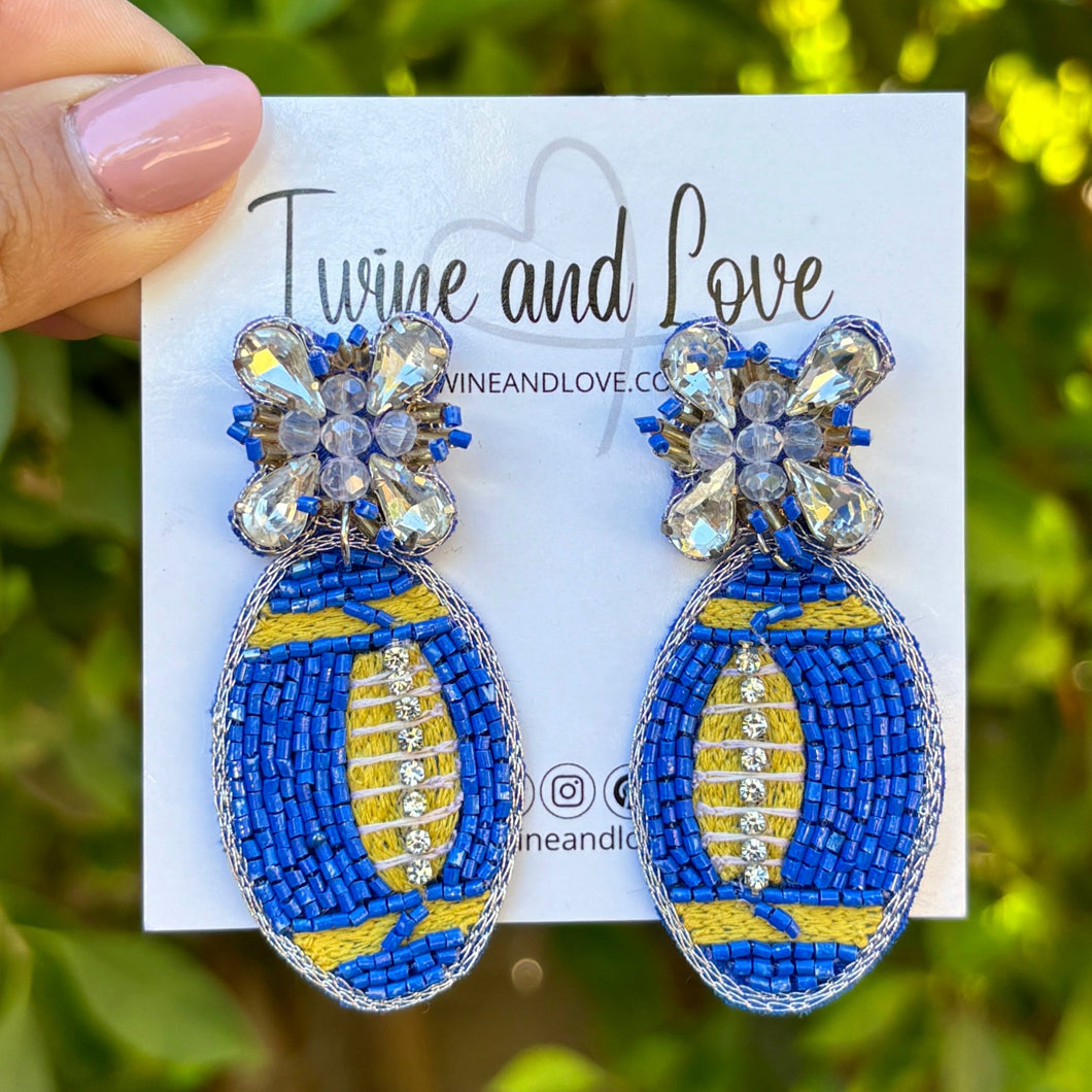 football Beaded Earrings, blue gold football Earrings, football Earrings, LA Rams football, football earrings, Gold and Blue football earrings, Blue Yellow football accessories, LA Rams football earrings, Los Angeles Rams earrings, Royal football earrings, football seed bead earrings, football accessories, Football women accessories, Game day earrings, Best selling items, birthday gifts, sport jewelry, sport bead earrings, football accessory, College gifts, Football gifts for her, gameday earrings
