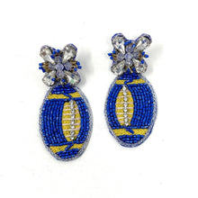 Load image into Gallery viewer, football Beaded Earrings, blue gold football Earrings, football Earrings, LA Rams football, football earrings, Gold and Blue football earrings, Blue Yellow football accessories, LA Rams football earrings, Los Angeles Rams earrings, Royal football earrings, football seed bead earrings, football accessories, Football women accessories, Game day earrings, Best selling items, birthday gifts, sport jewelry, sport bead earrings, football accessory, College gifts, Football gifts for her, gameday earrings
