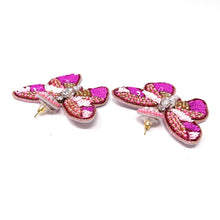 Load image into Gallery viewer, Handmade butterfly drop earrings featuring vibrant pink beadwork, rhinestones, and intricate sequin details.