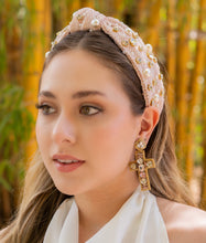 Load image into Gallery viewer, headbands for women, Easter knotted headband, headband style, top knot headband, Ivory top knot headband, Christian headband, Christian hair band, Catholic knot headband, top knotted headband, Bunny knotted headband, handmade headbands, top knotted headband, hand bead knotted headband, Cross hair band for women, Ivory knot headband, statement headbands, embellished headband, chic headband, pearly knot headband, Christian knot headband, Cross hair accessories, Custom headband, Christian gifts