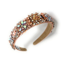 Load image into Gallery viewer, headband for women, blush headband, blush peach baroque headband, summer headband, blush embellished headband, bridal headband, bridal accessories, blush luxurious hairband, luxurious hair band, unique embellished headband, unique headband, statement headband, custom bridal headband, peach blush color accessories, embellished headband, gemstone headband, luxury headband, blush bejeweled headband, bling headband, baroque embellished headband, custom headband, jeweled baroque headband, evening hair accessory
