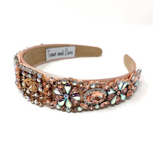 Load image into Gallery viewer, headband for women, blush headband, blush peach baroque headband, summer headband, blush embellished headband, bridal headband, bridal accessories, blush luxurious hairband, luxurious hair band, unique embellished headband, unique headband, statement headband, custom bridal headband, peach blush color accessories, embellished headband, gemstone headband, luxury headband, blush bejeweled headband, bling headband, baroque embellished headband, custom headband, jeweled baroque headband, evening hair accessory
