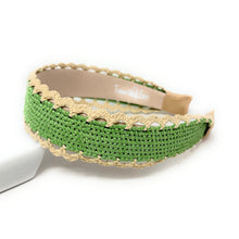 Load image into Gallery viewer, A green woven fabric headband with a beige scalloped lace trim, displayed on a white surface.
