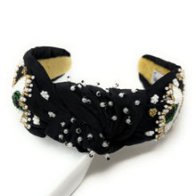 Load image into Gallery viewer, Fashion-forward black knot headband embellished with green and white beaded eye designs and sparkling details.