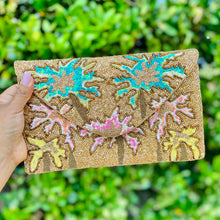 Load image into Gallery viewer, boho beaded clutch purse, seed bead purse, beaded bag, abstract style handbag, beaded bag, neon gold clutch, birthday gift for her, clutch bag, seed bead purse, engagement gift, party clutches, bridal gift, floral purse, gifts to bride, gifts for bride, wedding gift, evening bags, Summer beaded clutch purse, birthday gift for her, summer clutch, seed bead purse, beaded bag, summer bag, boho purse, gold beaded clutch purse, unique bags, best selling items, handmade gifts, handmade bag purse
