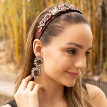 Load image into Gallery viewer, Luxe rhinestone headband featuring burgundy, blush, and red jewel embellishments on a slim satin band.