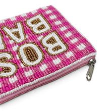 Load image into Gallery viewer, Pink Boss Babe coin pouch with intricate hand-beaded design
