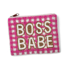Load image into Gallery viewer, Hand-beaded pink coin purse with white and gold Boss Babe design