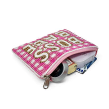 Load image into Gallery viewer, Pink Boss Babe coin pouch with intricate hand-beaded design