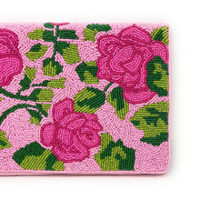 Load image into Gallery viewer, Feminine floral clutch featuring handcrafted bead embroidery in shades of pink and green for a timeless garden-inspired look.