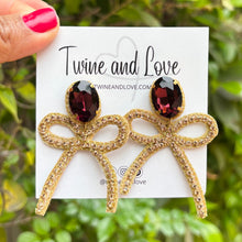 Load image into Gallery viewer, custom beaded Earrings, bow jeweled Earrings, gold Beaded Earrings, bow earrings, summer jeweled earrings, handmade earrings, custom earrings, party accessories, fancy accessories, bow embellished earrings, custom earrings, best friend gifts, birthday gifts, bohemian earrings, luxurious handmade accessories, night jewelry, Fancy earrings, boho earrings, beaded earrings, Fancy jeweled earrings, statement earrings, best selling items, statement earrings, handmade gifts, custom gifts, gold bow