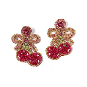 custom beaded Earrings, cherry jeweled Earrings, bow Beaded Earrings, bow cherry earrings, summer jeweled earrings, handmade earrings, custom earrings, party accessories, fancy accessories, bow embellished earrings, custom earrings, best friend gifts, birthday gifts, bohemian earrings, luxurious handmade accessories, night jewelry, Fancy earrings, boho earrings, beaded earrings, bow jeweled earrings, statement earrings, best selling items, statement earrings, handmade gifts, custom gifts, pink bow
