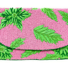 Load image into Gallery viewer, pink beaded clutch purse, birthday gift for her, summer clutch, seed bead purse, beach beaded bag, Beaded handbag, summer beaded bag, seed bead clutch, summer bag, birthday gift for her, floral clutch bag, seed bead purse, engagement gift, bridal gift to bride, bridal gift, palm leaves purse, gifts to bride, gifts for bride, wedding gift, bride gifts, beaded clutch purse,  summer beaded clutch, seed bead purse, beaded bag, summer bag, boho purse, tropical purse, tropical beaded clutch, pink purse