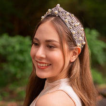 Load image into Gallery viewer, headbands for women, Wide headband, handmade headbands, top knotted headband, knotted headband, hair band for women, embellished headband, rhinestone headband, gemstone headband for women, luxury headband, jeweled headband for women, knotted jeweled headband, bling headband, embellished knot headband, luxury knot headband, pearly headbands, pearly rhinestone headband, fall hair accessories, fall headbands, winter headbands, plain jeweled headband, embellished plaid headband, best selling items